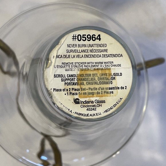 Indiana Glass Scroll Candle Holder Set. Crystal Glass With Metal Gold Support 6" - Picture 5 of 9